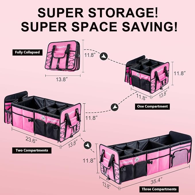 SugarFox Bold Color Block Trunk Organizer | 95L, 35"x13.8"x11.8" | Dedicated Shoe Storage & 26L Ice Pack | Foldable for SUV/Car/Jeep | Stylish Gift & Car Accessories for Men & Women - Pink-X212