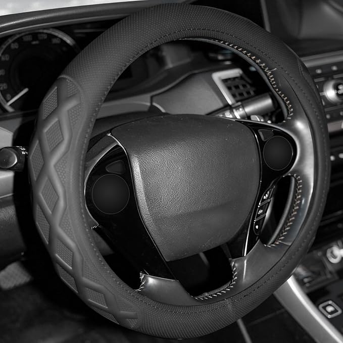 Steering Wheel Cover with Anti-Slip Leather Grip Compatible with Ford, Toyota, Honda, Nissan, and Chevrolet Vehicles for 14.5-15.35 inch Round Steering Wheels Universal Car Accessories