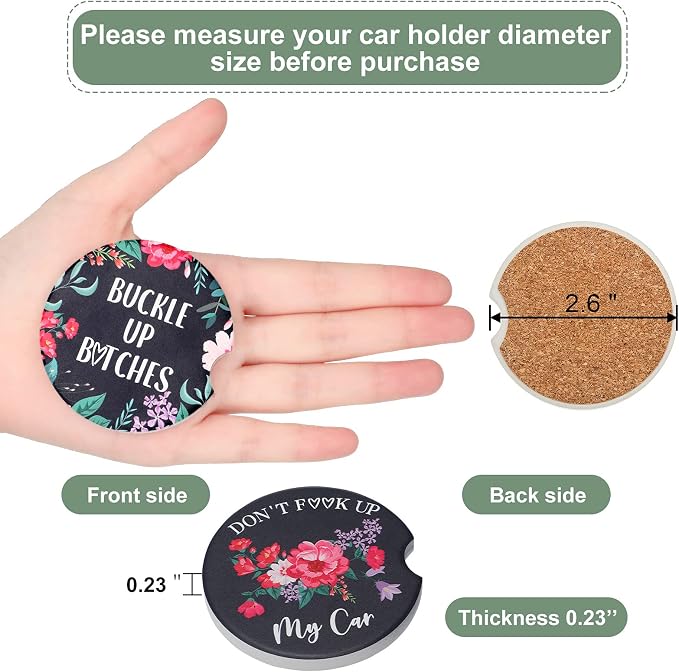Boao 4 Pcs Floral Car Cupholder Coasters for Valentine's Day, Ceramic Coasters 2.56'' Anti Slip Base with Finger Notch for Dry Clean, Car Interior Accessories, Birthday Gifts