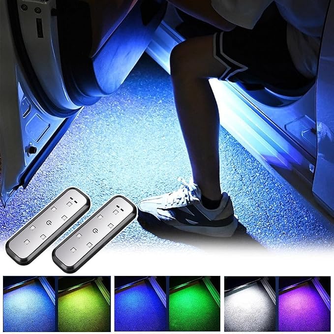 Car LED Door Lights Projector 7 Color Wireless Door Warning Lights USB Welcome Door Sill Courtesy Projection Magnetic Auto Sensing Ambient Puddle Lights (2Pcs)