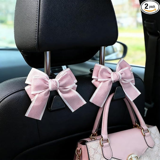 2PCS Car Seat Headrest Hooks, Car Purse Hook, Cute Bow Knot Vehicle Seatback Hanging Storage Organizer, Auto Seatback Decor Organizer Hanger for SUV Truck (Pink)