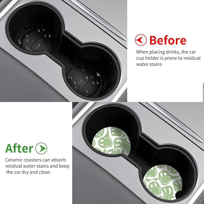 Car Coasters,Purple Smily Absorbent 2 Pack for Cup Holders with Finger Notch,2.56 inches Ceramics Heat Resistant Anti Slip Cork Base Car Drinks Coasters Auto Cup Holder(Pale Green face)