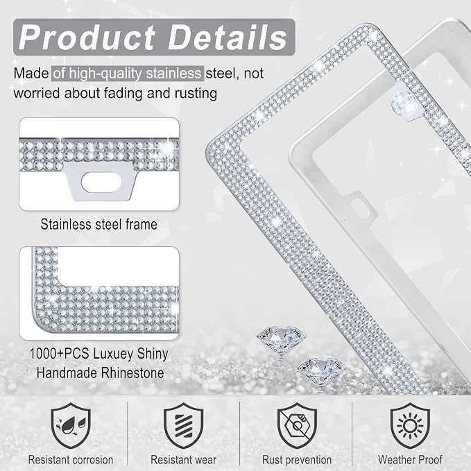Amiss Bling License Plate Frame for Women, 2Pack Rhinestone Handcrafted Crystal Premium Stainless Steel, Stainless Steel Car Accessories with Diamond Sparkle Glitter Caps (White)