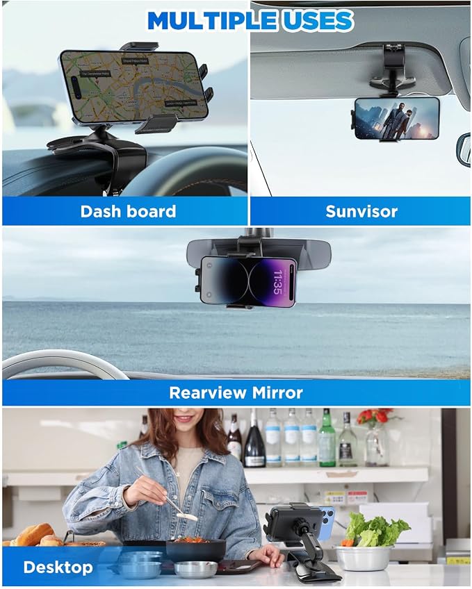 IPOW Car Dashboard Phone Clip Holder, 360 Degrees Rotation Dash Steering Wheel Phone Clamp Mount Compatible with iPhone 15 14 13 Pro Max and 4-7 Inch Smartphones (NOT Universal - Please Check)