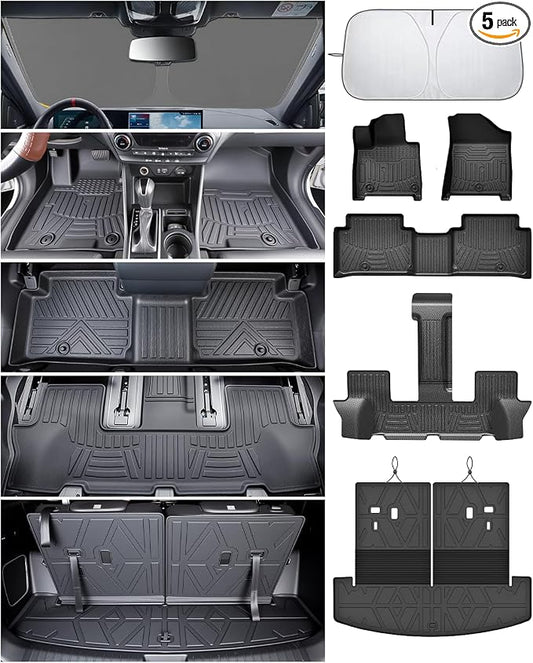 Floor Mats for Hyundai Santa Fe 2024 2025 2026(Fit Hybrid/Gas), All Weather Protection Custom Floor Mats Trunk Cargo Mat and Car Windshield Cover Set for Hyundai Santa Fe Accessories