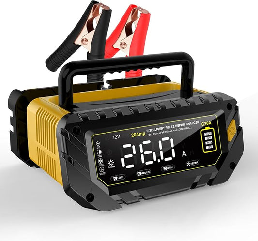 Car Battery Charger Auto-Stop 6V/12V/24V Trickle Charger | Max 26 Amp, Lithium LiFePO4 & Lead-Acid(All Car Battery) Battery Maintainer, Overcharge Protection, Temperature Compensation