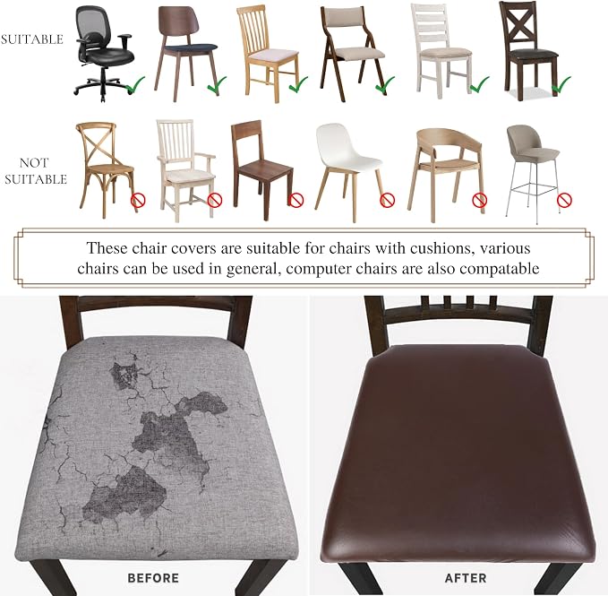 SearchI Waterproof PU Seat Covers for Dining Chairs, 6 Pack Stretch Faux Leather Chairs Covers, Kitchen Chair Cover Protectors (Brown)
