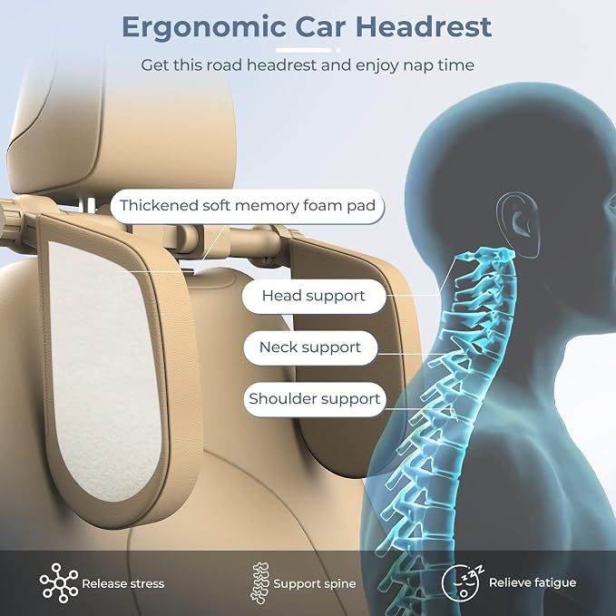 Adjustable Car Headrest Pillow, Road Pal Headrest, U-Shaped Travel Sleeping Pillow for Kids & Adults, Head Neck Support Only Suitable for Car Seat Headrest with Poles, Khaki