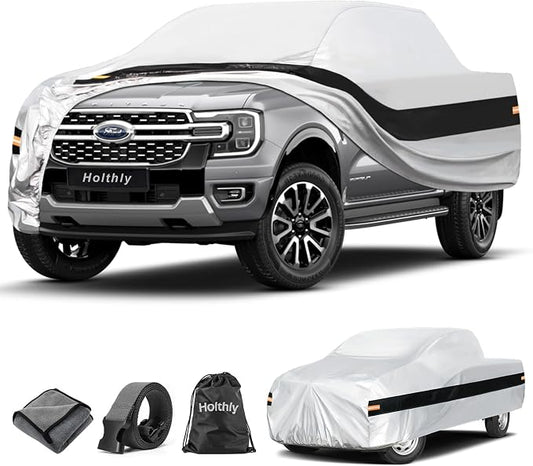 10 Layers Truck Cover Waterproof All Weather Custom Fit Ford Ranger(2019-2026) Super/Crew Cab Short Bed, Outdoor Full Exterior Pickup Car Cover Sun Rain Snow Ice Protection. Sliver