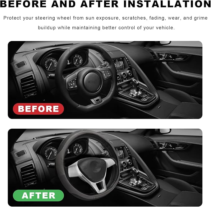 Sun Walker Steering Wheel Cover, Breathable Leather Steering Wheel Covers with Perforated Sides, Anti-Slip Comfortable Grip Auto Sleeve for 14.5-15 Inch Wheels, Car Accessories (Gray)