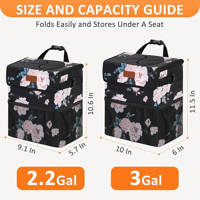 Vankor Car Trash Can for Car Cute,Bag Bin Hanging Waterproof Automotive Garbage Cans Leak Proof Vehicle Trash Can Black Floral