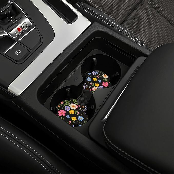 Wildflower Car Steering Wheel Cover - Multicolor Wildflower Steering Wheel Cover Anti-Slip Breathable Universal for 15 in 2 Pcs Car Interior Cup Holder Pad for Men Women