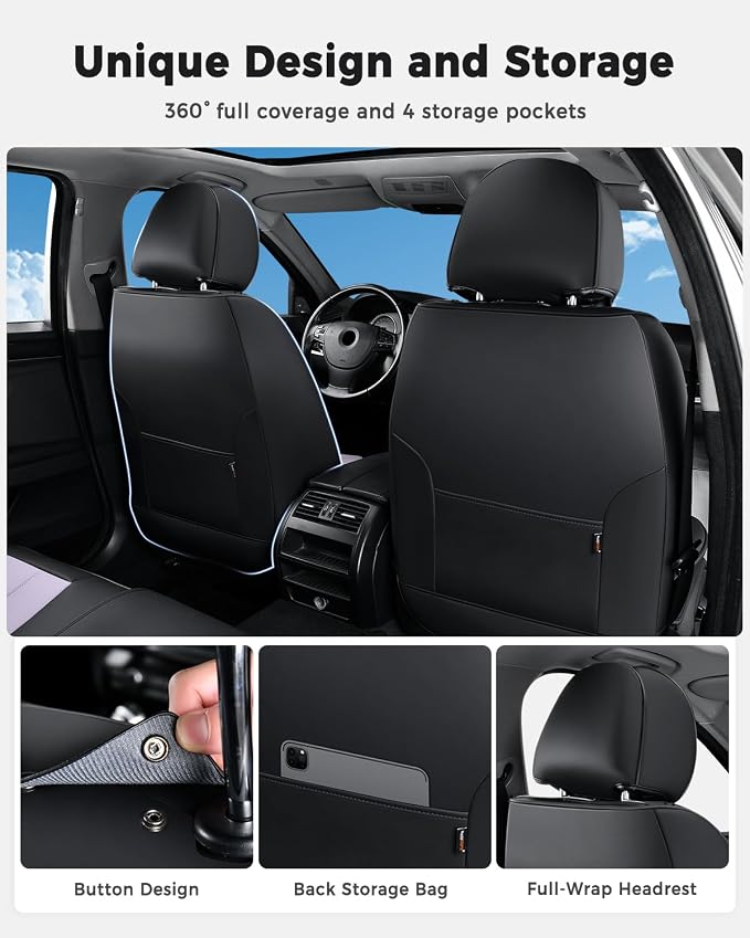 Huidasource Black&Purple Car Seat Covers, Universal Fit for Cars SUVs Truck | Full Coverage Leather Seat Cover, Airbag, Cupholder Compatible, Seat Function Retain, Easy Install with Velcro