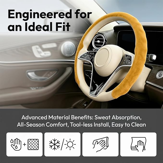 Mandark Car Steering Wheel Cover, Suede Sport Vehicle Steer Wheel Protector Fitting 15 Inch, Non-Slip Comfortable Automotive Interior Decoration Accessories, Universal Fit (Yellow)