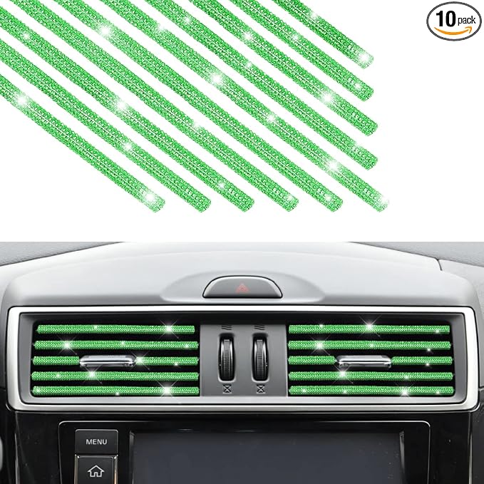Green Rhinestones Diamond Decoration Strips, 10PCS Waterproof Bling Car Vent Outlet Trim for Straight Air Conditioner, Interior Accessories for Women Girls