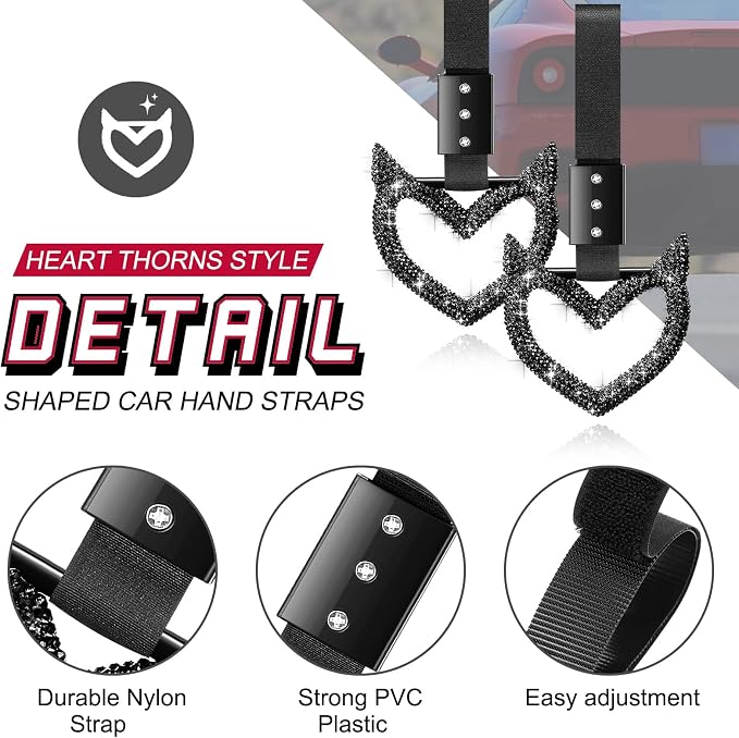Fabbay Bling Car Accessories Bling Heart Handle Ring Car Accessory for Women Heart Hand Strap Drift Charm Rear Bumper Warning Ring Decor for auto Bus Interior Exterior Decoration (Black,Devil Style)
