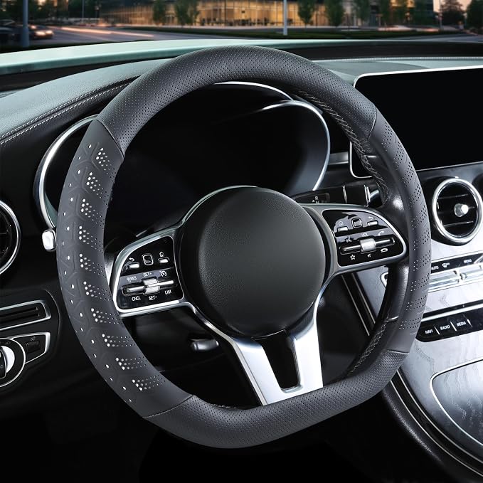 3D Soft 15 inch Leather D Shape Steering Wheel Cover Black White | Breathable Anti-Slip Premium Skin-Feel Perforated Thin Nappa Leather, Universal 14.5 inch to 15 inch