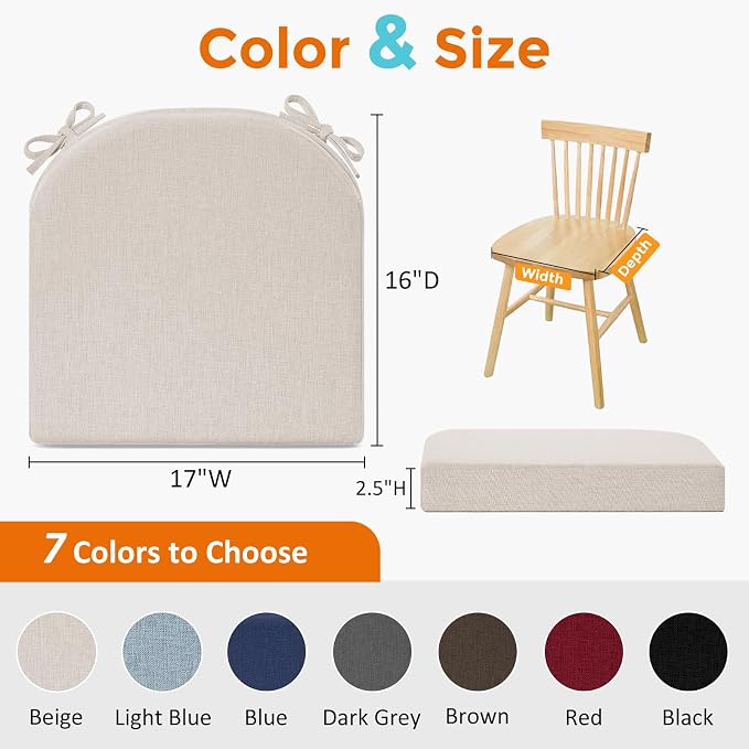 downluxe Chair Cushions for Dining Chairs, Memory Foam Linen Kitchen Chair Pads with Ties, Waterproof, Stain-Resistant and Washable Cover, 17" x 16" x 2.5", Beige, 2 Pack