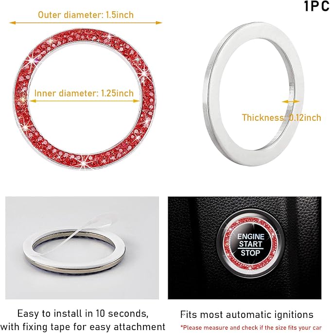 Kewucn Bling Crystal Double Rhinestone Car Engine Start Decoration Ring, Sparkling Push Start Button Sticker, Key Ignition & Knob Ring Decoration, Bling Car Interior Accessory(Red)