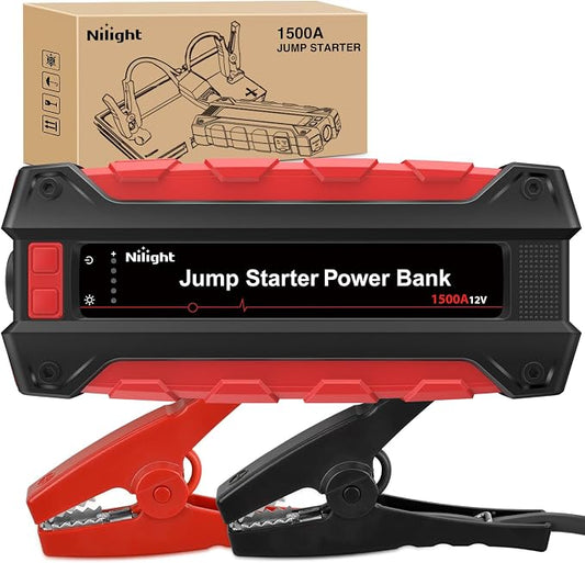 Nilight 1500A Car Battery Jump Starter for Up to 7.0L Gas & 5.5L Diesel Engines 12V Portable Jump Start Booster Pack Jump Box with Jumper Cables DC Output and LED Light
