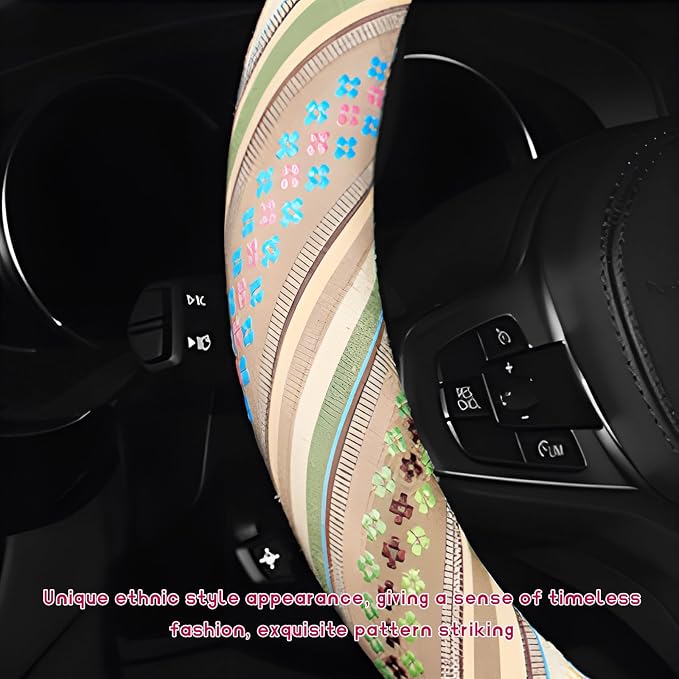 Boho Steering Wheel Cover, Anti-Slip Coarse Flax Cloth Ethnic Style Auto Wheel Cover, Breathable Boho Auto Steering Wheel Protector for Women Men, Car Accessories (Style G)