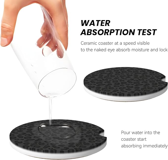 Absorbent Car Coasters for Cup Holders, 2 Pack Universal Anti Slip Ceramic Cup Coaster for Women Men 2.56 Inch Car Interior Accessories - Black Leopard Print 001