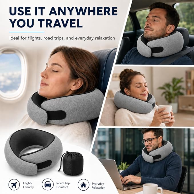 Travel Pillow for Airplane, Memory Foam Neck Pillow for Travel with Chin Support, Washable Cover & Storage Bag, Ergonomic 360° Neck Support for Long Flights, Car, Office, Home, Max Grey
