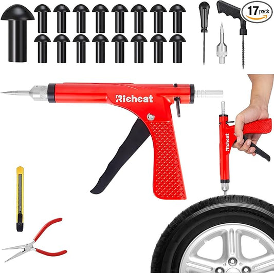 (New model in July 2026) Richcat Tubeless Tire Puncture Repair Kit with Mushroom Plug, repairs punctures and flat tires for motorcycles, cars, trucks, ATVs,Gun Puncture Repair Kit