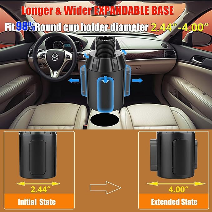 Car Cup Holder Expander, Adjustable 2-in-1 Vehicle Drink Holder Organizer with Non-Slip Base, Universal Fit for Cars, SUVs, Trucks