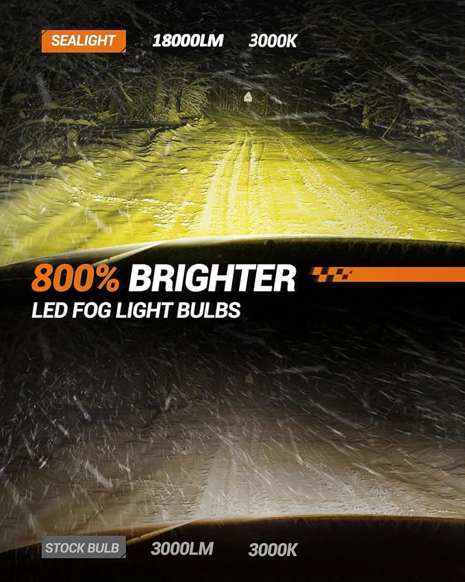 SEALIGHT 2504 LED Fog Light Bulbs Yellow, 18,000 LM 800% Brightness 3000K Yellow 2504/PSX24W Fog Lights for Car, Plug and Play, RV Interior Lighting, Pack of 2