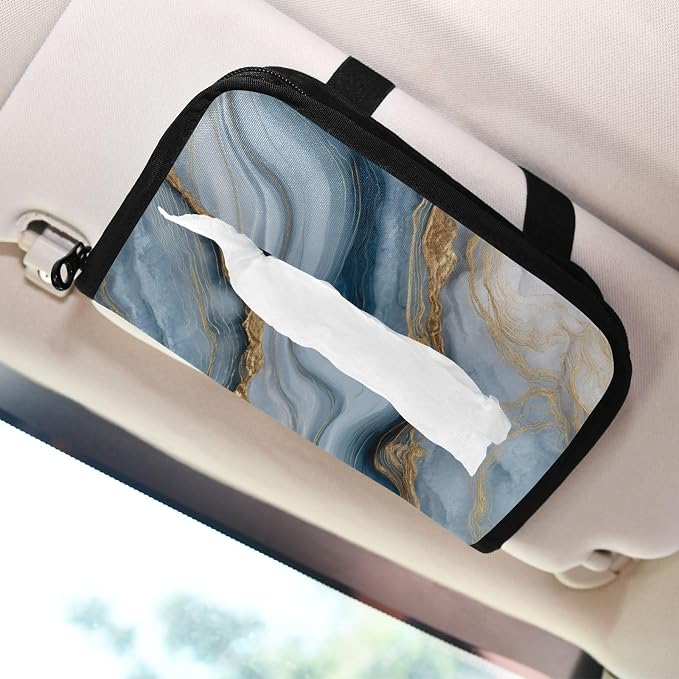 Marble Blue and Gold Lines Car Tissue Holder Durable Napkin Holder Hanging Tissue Holders Case Car Tissues Bag for Sun Visor Seat Back Universal Auto