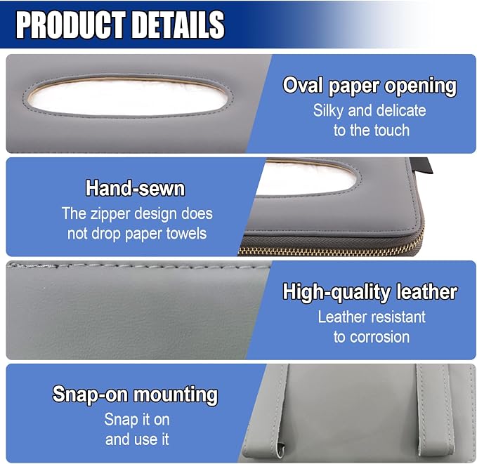 Car Tissue Holder, Leather Car Sun Visor Napkin Box with Tissue Refill, Auto Backseat Paper Carton Mask Dispenser with Zipper, Universal Hanging Vehicle Towel Clip for RV, SUV, Truck (Grey)