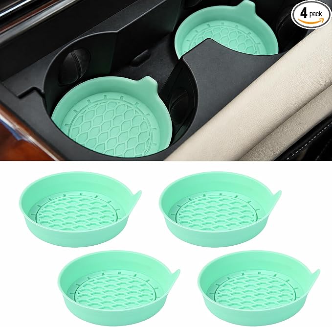 4 Pack Car Cup Holder Coaster, 3.15 Inch Non-Slip Silicone, Green | Cup holder insert, spill proof ,raised lip, honeycomb base, rinse clean, fits most sedans suvs trucks, automotive accessories