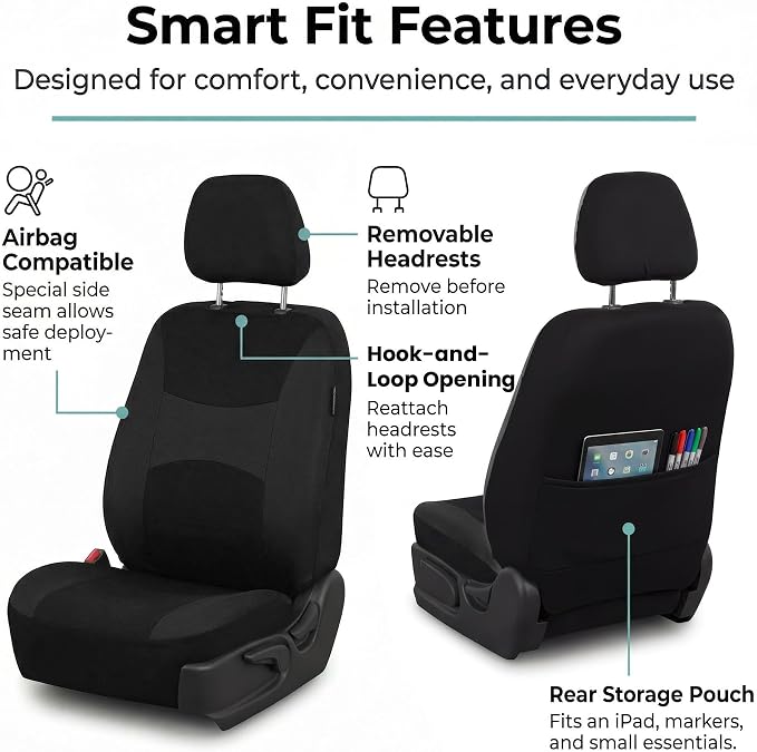 FH Group Universal Car Seat Covers Front Set for SUV Truck Sedan Vans | Waterproof All-Purpose Cloth Seat Cover Set Airbag Compatible Washable Split Bench Protector Interior Upgrade - Black