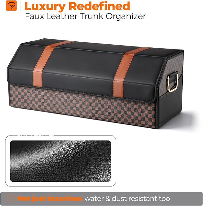 Fyzeoty Car Trunk Organizer for SUV and Sedan, Orange‑Stripe Plaid, 29.5 in | Dual‑Material Dual‑Tone Craft, Extra Large, Leather Storage Box, Magnetic Lid, Collapsible & Adj, Water‑Resist & Dust‑Proof