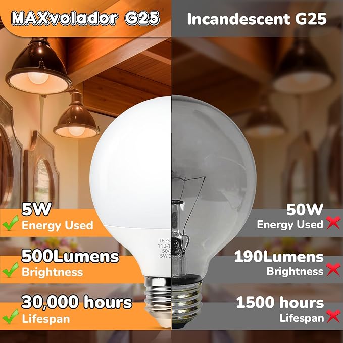 MAXvolador G25 LED Globe Light Bulb 60W Equivalent, Soft White 3000K E26 Vanity Round Bulbs for Bathroom Makeup Mirror, Non-Dimmable 500LM, 8-Pack