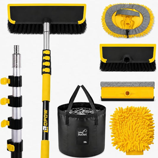 18FT Reach Car Wash Brush with Long Handle, Car Wash Kit with 4.6-12 Telescoping Pole, 20L Collapsible Bucket, Microfiber Cleaning Mop, Mitt, Window Squeegee for RV Truck SUV Boat Solar Pane Washing