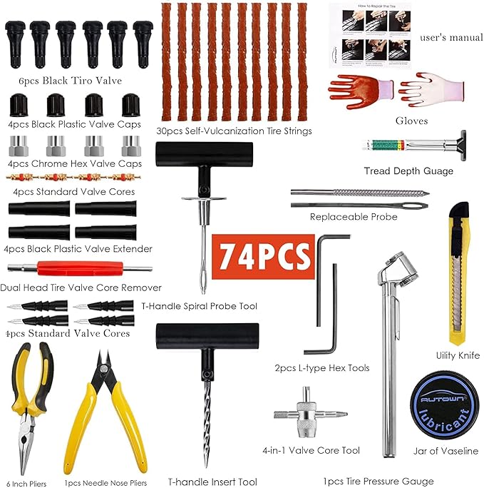 AUTOWN Flat Tire Repair Kits, 74 Pcs Universal Tire Plug Kit Heavy Duty Flat Tire Puncture Repair Kit for Cars, Trucks, Motorcycles, ATV，RV, Jeep, Tractor, Trailer