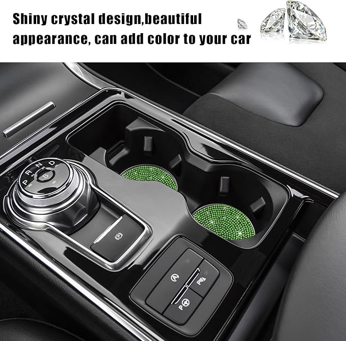 Ziciner 2PCS Bling Car Cup Holder Coaster, 2.73 Inch Anti-Slip Cup Insert Coasters, Crystal Rhinestone Auto Drink Cup Mat, Universal Interior Decor Car Accessories for Women Girls (Light Green)
