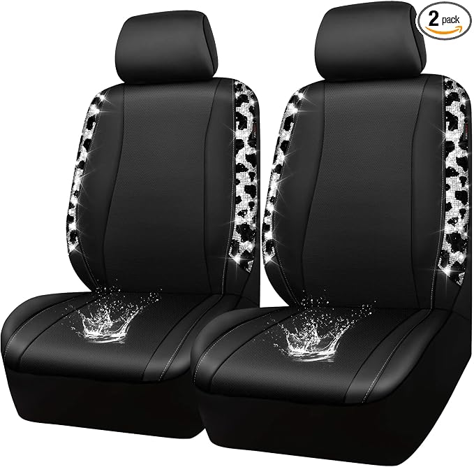 CAR PASS Cow Diamond Leather Bling Car Seat Covers Universal, Faux Shining Rhinestones Two Front only, Fit 95% Automotive Glitter Crystal Sparkle Strips for Cute Women Girl, 2PCS Cow Silver Diamond