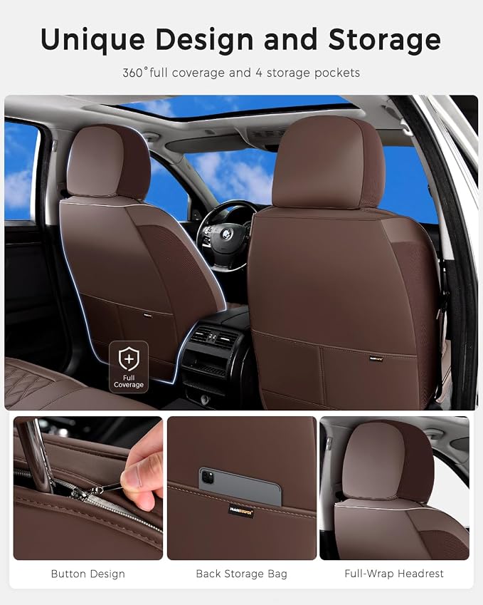 Huidasource Coffee Seat Cover, Car Seat Cover Nappa Leather Universal Fit for Most Cars, Vans, Trucks, SUVs, Compatible with Airbags, Child Seat, SUV Seat Covers Velcro Adjustable (Full Set/Coffee)
