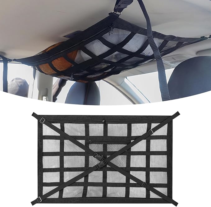 Car Ceiling Cargo Net for Pickup Truck Bed 31.5"x21.6" Double-Layer Mesh Roof Storage Organizer with Adjustable D-Buckle, Universal Overhead Net for SUV Van Camping Travel Road Trip Essentials