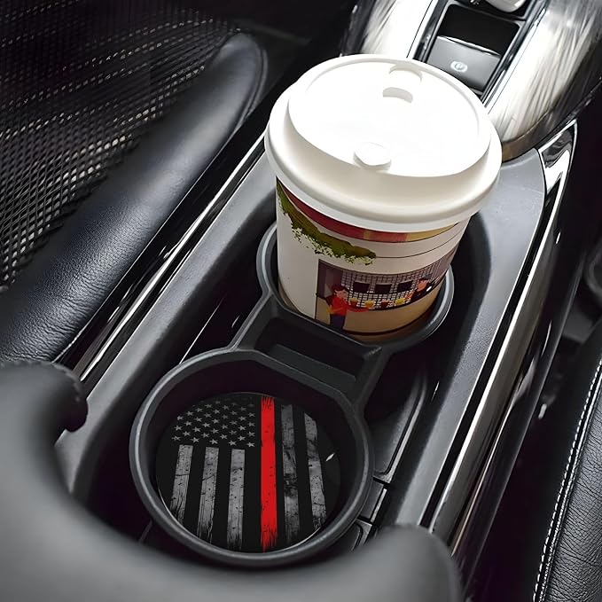 Thin Red Line American Flag Firefighter Absorbent Ceramic Car Coasters 2 Pack Insert Cupholder Coaster Car Cup Holder Mat with Finger Notch Anti-Slip Cork Base Reusable Drink Coasters 2.56 in