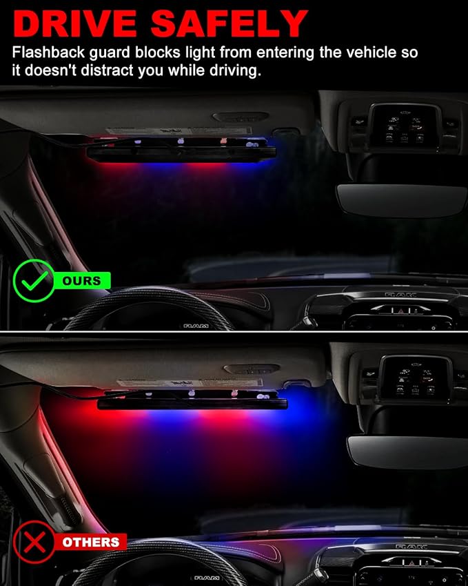 HLauto 6Z4J Emergency Dash Strobe Lights: 2x16.8 inch Red Blue Safety Lights, 48 LED Flashing Warning Hazard Interior Windshield Visor Traffic Light Bar for Trucks, Construction Vehicles