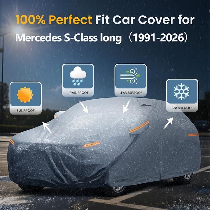 Waterproof Mercedes S-Class Long/Maybach(1991-2026) Car Cover with Breathable Vents, [Upgrade] Premium Covers with Cotton Liner and Zipper Door,Sun Rain Snow Dust Uv Protection.(Gift with Towel)