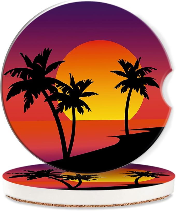 Tropical Palm Trees Coasters for Car & Beach Sunset Cute 2 Pack Anti Slip Ceramic Car Cup Holder Accessories with Finger Notch for Women & Men 2.56"