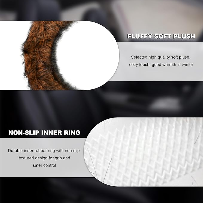 Fluffy Steering Wheel Cover, 15 Inch Anti-Slip Microfiber Plush Fuzzy Steering Wheel Cover, Winter Warm Elastic Fuzzy Steering Wheel Covers for Women and Men, Car Accessories (Brown)