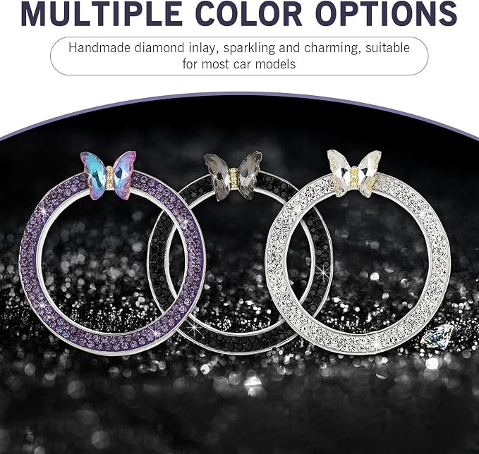 Bling Car Engine Start Stop Decoration Ring, Crystal Rhinestone Butterfly for Car Button Ring, Auto Interior Accessories for Women, Push to Start Button Cover Decoration (White)