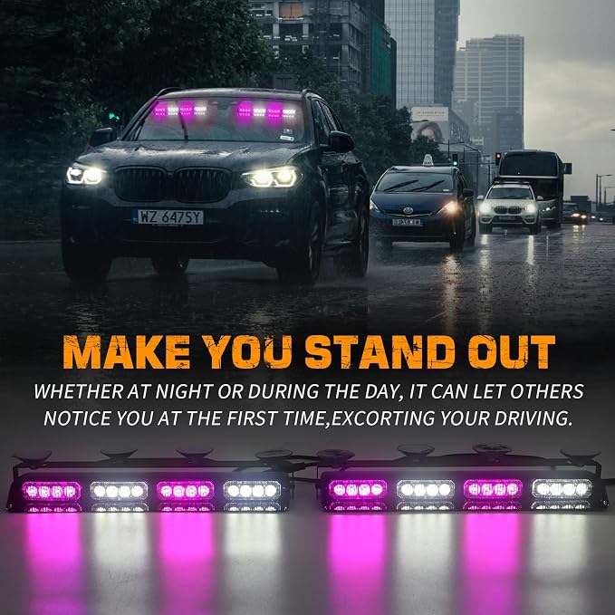 XRIDONSEN 2x14 inch Purple White Emergency Dash Lights 32 LED Strobe Lights | Interior Safety Flashing Warning Hazard Caution Front/Rear Windshield Light Bar w/ Controller for Escort Vehicles Trucks Car