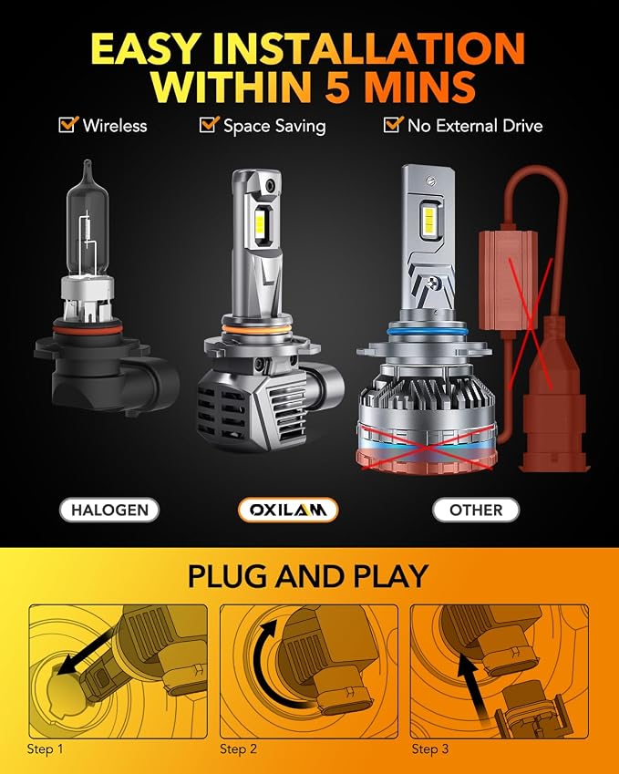 OXILAM M5S HB3-9005 Bulbs 2024 1:1 Halogen Size, 30000LM Brighter Front Fog Light Bulbs, 6500K Cool White Light Bulb with Cooling Fan, Wireless, IP68 Waterproof, Pack of 2